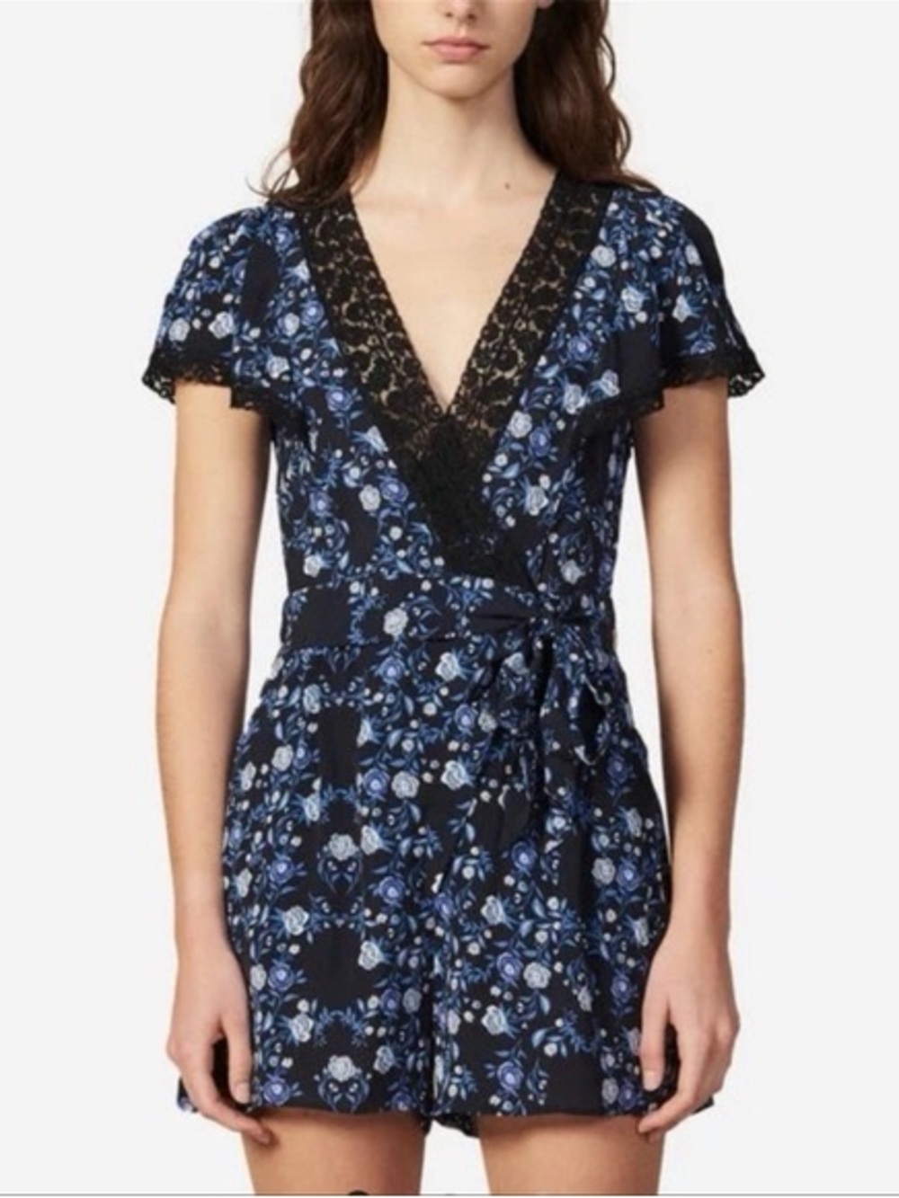 SANDRO blue floral print lace trim silky shorts romper / size S